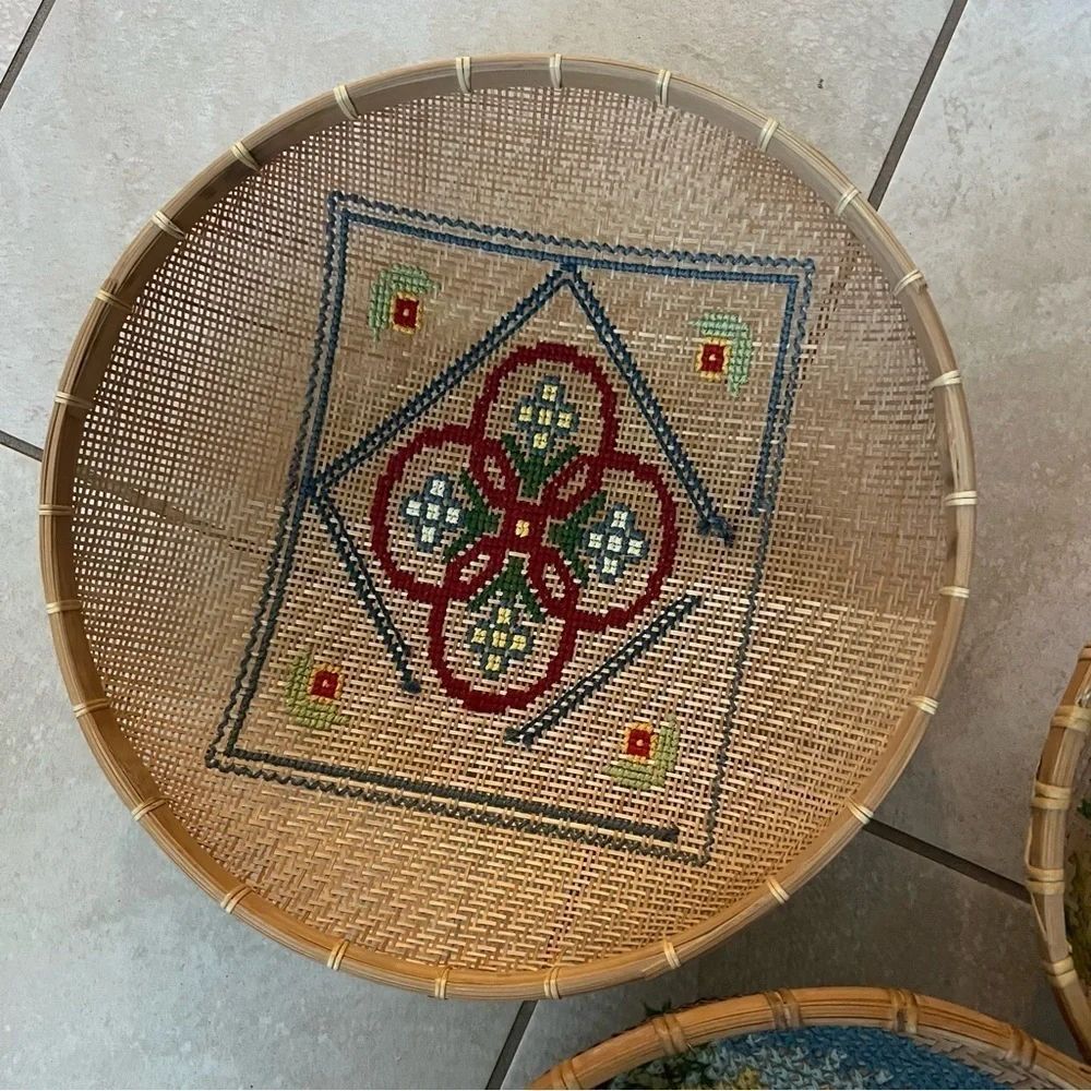 set of 3 hand embroidered basket wall mushroom, house, tree, flowers boho